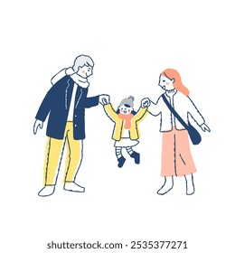 A family wearing winter clothes is jumping while holding hands with their child - Powered by Shutterstock