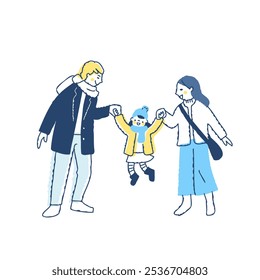 A family wearing winter clothes is jumping while holding hands with their child - Powered by Shutterstock