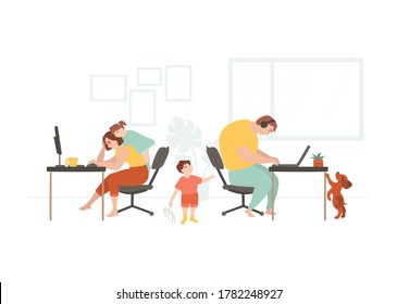 Family Working From Home With Kids. Children Require Attention From Parents. Freelance And Remote Job Concept. Unhappy Mother And Father. Colorful Illustration. Character Design.