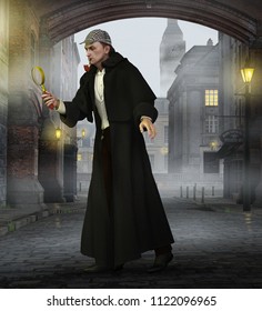 Famous English Detective Sherlock Holmes Investigates A Crime In 19th Century London, UK Street. Wearing His Classic Wool Cape Coat, A Deerstalker Hat And Smoking A Calabash Pipe. 3d Render