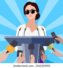 Famous Lady Makes Statement For Press Conference For Mass Media. Woman Presentation Or Press Release, Pedestal With Microphon For Political Speech, Illustration