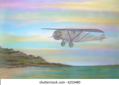 Famous Spirit Of Saint Louis Lindbergh Airplane, Descending Over France # 95-034; 50x70 Cm. - 20