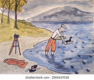 The Famous Surgeon's Photo Of The Loch Ness Monster Was A Fake After All.  Here A Man Sets The Model Monster, Mounted On A Toy Submarine, Into The Lake. 