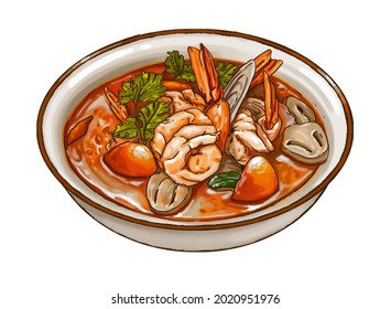 Famous Thai soup, Spicy and sour chili paste soup with shrimp, mushroom, chili, tomato, lemongrass, galangal,lime juice and coconut milk called as Thai Tom Yum Goong