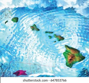 A Fanciful Aerial View Illustration Of The Hawaiian Islands. This Digital Painting Is Created From A 3D Model With A Reflective Water Surface, Then Painted Details Were Added..