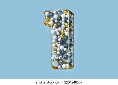 Fancy 3D Typography Formed By Floating Spheres In Gold, Crystal And White Colors. Digit Number 1 Suitable For Beautiful Advertising Compositions Or For Product Decoration. 3D Rendering.
