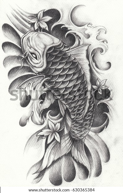 高級な鯉の入れ墨 手描きの鉛筆 のイラスト素材
