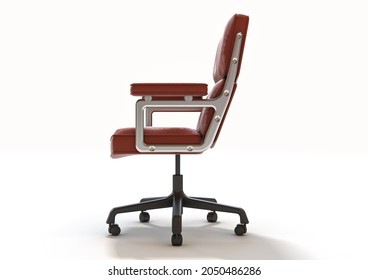 A Fancy Chrome Office Chair With Cushioning Covered In Red Leather On An Isolated White Studio Background - 3D Render