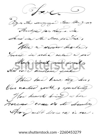 Fancy, curly cue Calligraphic script, hand written cursive lettering, vintage, antique poetry, unreadable, illegible gibberish calligraphy poem. 