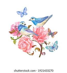 Fancy Roses Bouquet With Couple Of Little Blue Bird. Watercolor Painting