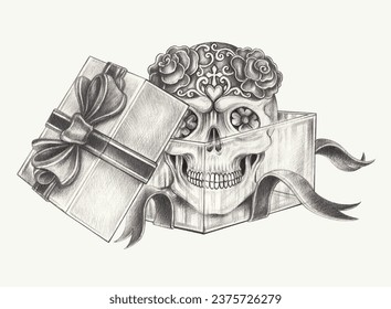 Fancy skull in the gift box hand drawing on paper. - Powered by Shutterstock