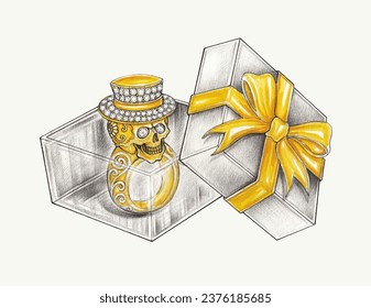 Fancy skull ring in gift box hand drawing and painting on paper. - Powered by Shutterstock