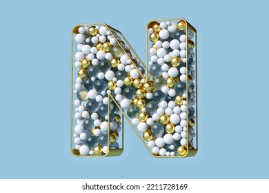 Fancy Spheres Font 3D Of Gold, Glass And White Christmas Baubles Floating In A Golden Structure. Beautiful Letter N With Three-dimensional Effect. High Quality 3D Rendering.
