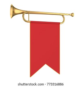 Fanfare. Trumpet with red flag. 3d illustration