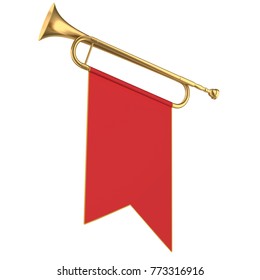 Fanfare. Trumpet With Red Flag. 3d Illustration