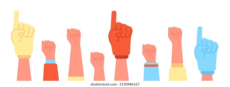 Fans Foam Fingers. Diversity Sports Hand, Soccer Fan Thumb Up. Sport Crowd Hands, Cartoon Football Fanatic Glove. Support Team Utter Concept