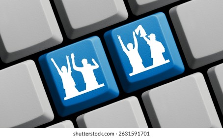 Fans online - Blue computer keyboard with celebrating fans 3d illustration