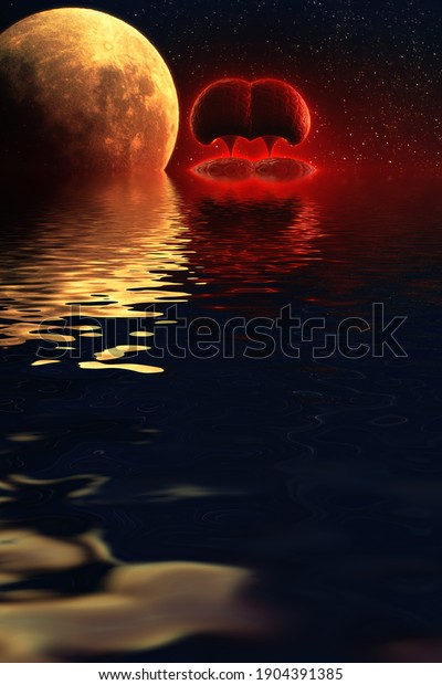 Fantastic 3d image of an island in the ocean\
against the background of a night starry sky and a huge moon rising\
above the\
water