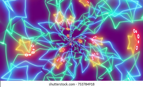 A fantastic 3d rendering of a stimulating psychedelic background with yellow stars, red and white dots, blue lines shimmering in the violet background.  It looks magic and trancelike