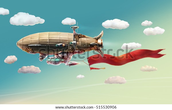 空と雲の中にある幻想的な飛行船 ラスターイラスト のイラスト素材