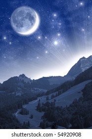 Fantastic alpine landscape. Mountains in the moonlight
