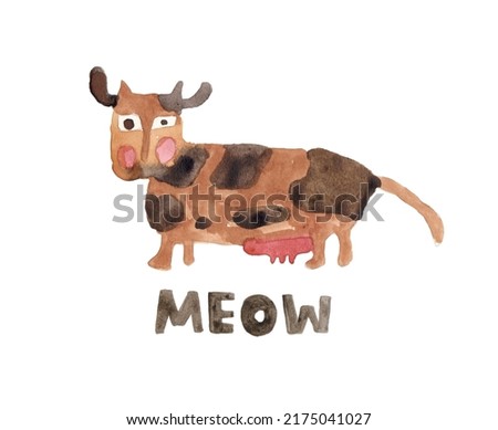 A fantastic animal. A cat is like a cow. Horns, udder, long tail. The inscription meow. Watercolor illustration. Print, children's textiles, nursery art. Poster design. Children's drawings with paint.