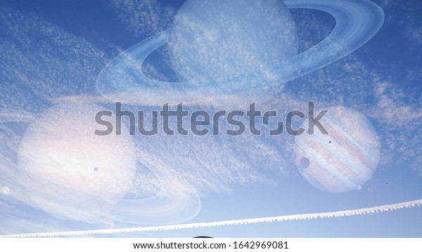 Fantastic animation, blue sky\
with puffy clouds and Saturn, Uranus and Jupiter planet on sky.\
