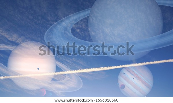 Fantastic animation,\
blue sky with puffy clouds and Saturn, Uranus and Jupiter planet on\
sky 3D\
rendering