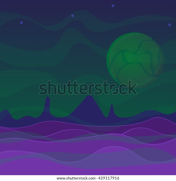  fantastic background in navy blue, green,\
purple. Rising planet or satellite, stars in the sky. Futuristic\
design for cards,\
websites