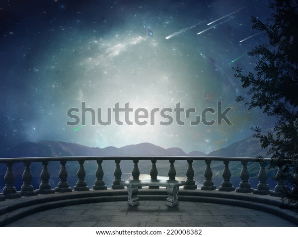 素晴らしい夜の幻想的なバルコニーと背景に風景 のイラスト素材 200