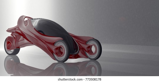 Fantastic Car Concept Of The Future Electro Three Wheels. 3D Rendering.