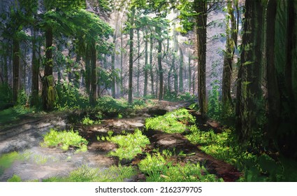 Fantastic Epic Magical Forest Landscape. Summer Beautiful Mystic Nature. Gaming Assets. Celtic Medieval Background. Rocks And Green Trees. Rivers And Streams. Sky With Clouds. Book Cover, Poster	