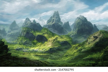 Fantastic Epic Magical Landscape Of Mountains. Summer Nature. Mystic Valley. Artistic Oil Painting. Artwork Sketch. Gaming Background. Gray Rocks And Green Plain. Blue Sky And Clouds. Fairy Tales