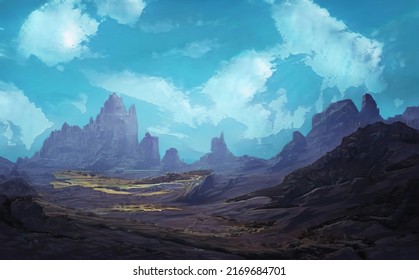 Fantastic Epic Magical Landscape Of Mountains. Summer Nature. Mystic Valley, Tundra. Gaming Assets. Celtic Medieval RPG Background. Rocks And Grass. Beautiful Sky With Clouds. Lakes And Rivers 