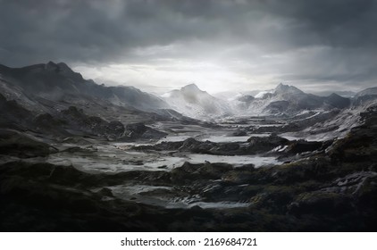 Fantastic Epic Magical Landscape Of Mountains. Summer Nature. Mystic Valley, Tundra. Gaming Assets. Celtic Medieval RPG Background. Rocks And Grass. Beautiful Sky With Clouds. Lakes And Rivers 