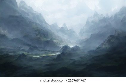 Fantastic Epic Magical Landscape of Mountains. Summer nature. Mystic Valley, tundra. Gaming assets. Celtic Medieval RPG background. Rocks and grass. Beautiful sky with clouds. Lakes and rivers 