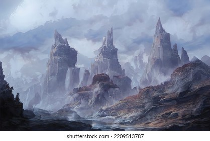 Fantastic Epic Magical Landscape Of Mountains. Summer Nature. Mystic Valley, Tundra, Forest, Hills. Game Assets. Celtic Medieval RPG Gaming Background. Rocks And Grass. Ruins Of An Old Castle	