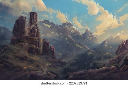 Fantastic Epic Magical Landscape Of Mountains. Summer Nature. Mystic Valley, Tundra, Forest, Hills. Game Assets. Celtic Medieval RPG Gaming Background. Rocks And Grass. Ruins Of An Old Castle	