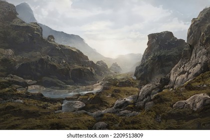 Fantastic Epic Magical Landscape of Mountains. Summer nature. Mystic Valley, tundra, forest, hills. Game assets. Celtic Medieval RPG gaming background. Rocks and grass. Ruins of an old castle	 - Powered by Shutterstock