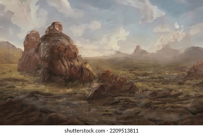 Fantastic Epic Magical Landscape Of Mountains. Summer Nature. Mystic Valley, Tundra, Forest, Hills. Game Assets. Celtic Medieval RPG Gaming Background. Rocks And Grass. Ruins Of An Old Castle	