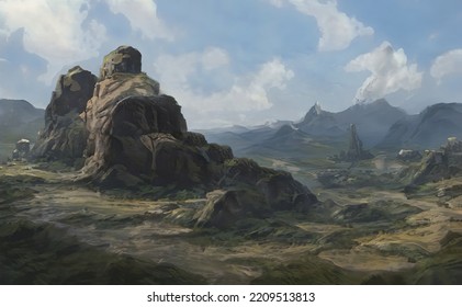 Fantastic Epic Magical Landscape Of Mountains. Summer Nature. Mystic Valley, Tundra, Forest, Hills. Game Assets. Celtic Medieval RPG Gaming Background. Rocks And Grass. Ruins Of An Old Castle	