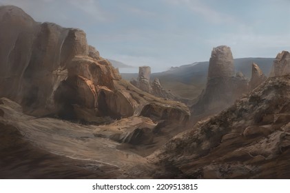 Fantastic Epic Magical Landscape Of Mountains. Summer Nature. Mystic Valley, Tundra, Forest, Hills. Game Assets. Celtic Medieval RPG Gaming Background. Rocks And Grass. Ruins Of An Old Castle	