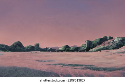 Fantastic Epic Magical Landscape Of Mountains. Summer Nature. Mystic Valley, Tundra, Forest, Hills. Game Assets. Celtic Medieval RPG Gaming Background. Rocks And Grass. Ruins Of An Old Castle	