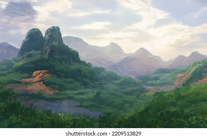 Fantastic Epic Magical Landscape Of Mountains. Summer Nature. Mystic Valley, Tundra, Forest, Hills. Game Assets. Celtic Medieval RPG Gaming Background. Rocks And Grass. Ruins Of An Old Castle	