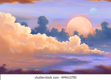 Fantastic and Exotic Allen Planet's Environment: The Cloudscape. Video Game's Digital CG Artwork, Concept Illustration, Realistic Cartoon Style Background

