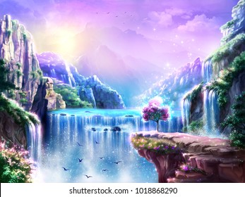 Fantastic fairy tale background, digital art. Illustration of a mountain dawn landscape with waterfalls and birds. Can be used as location for games, greeting cards or illustration for books