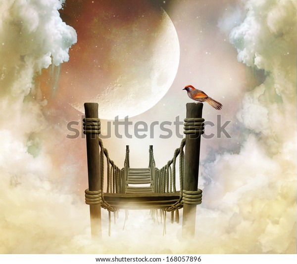 Fantastic\
floating bridge and bird in a cloudy\
sky