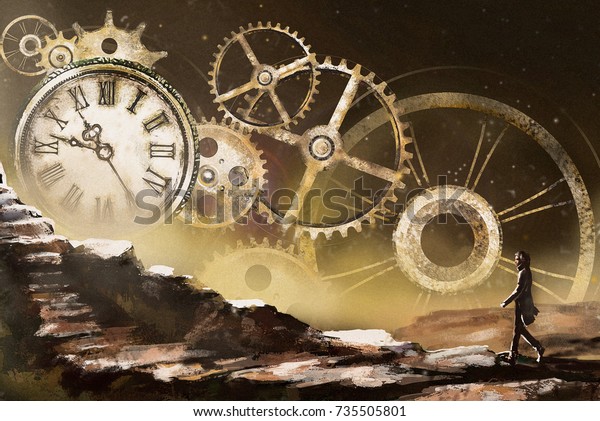 時計と機構を備えた素晴らしいイラスト 星 山に行く男 空想の超現実主義 風景を描く 金色の蒸気パンク背景 時間 のイラスト素材