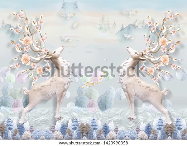 Fantastic landscape illustration, colorful trees, white birds, two large mirrored deer with blooming horns
