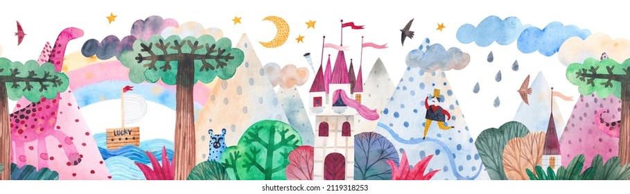 Fantastic landscape with mountains, lake, beautiful old castle, big trees and animals. Watercolor illustration. Horizontal repeating border.